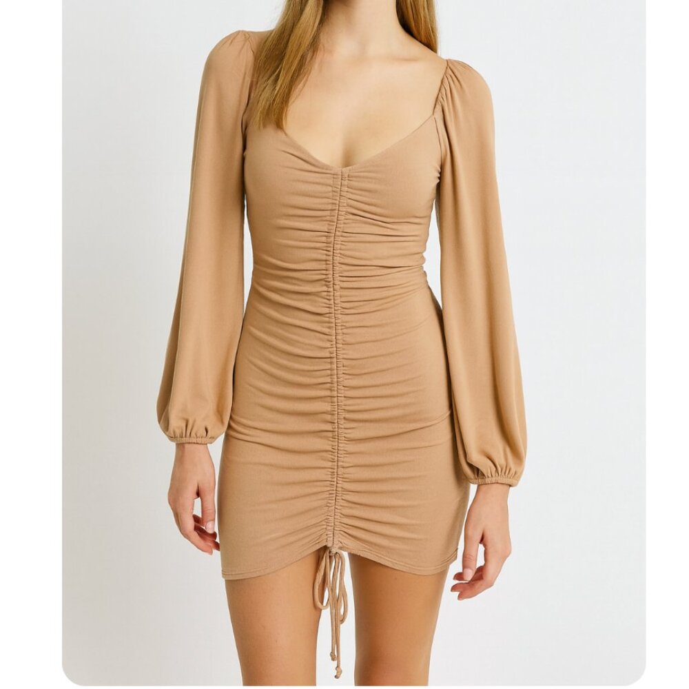 NWT Princess Polly | Sherri Stretchy Cinched Mini Dress in Camel Tan | Size 6